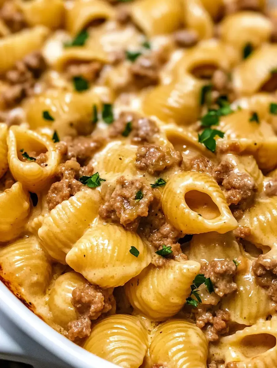 Detail von cremigen Muschelnudeln mit würzigem Hackfleisch und frischer Petersilie.