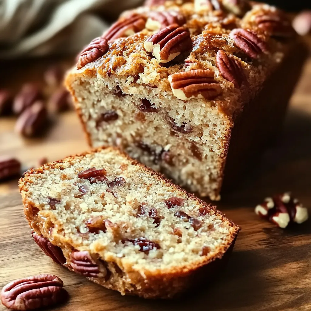 Eine dicke Scheibe Bananenbrot mit Pekannuss-Topping liegt auf einem rustikalen Holzbrettchen und zeigt die saftige Krume