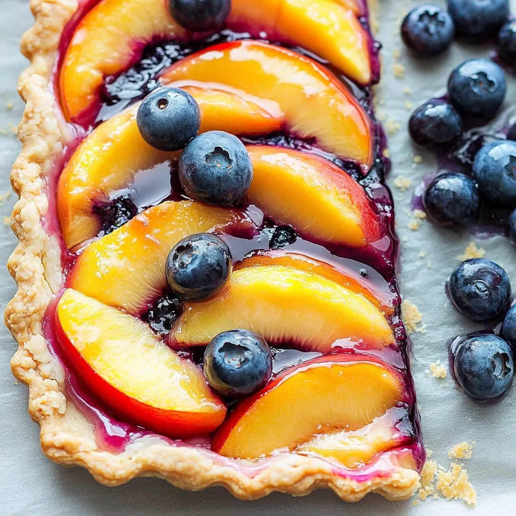 Fruchtige Blaubeer Pfirsich Tarte mit Vanilleguss