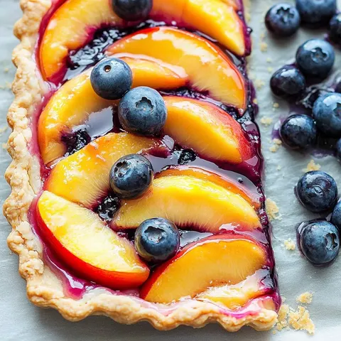 Fruchtige Blaubeer Pfirsich Tarte mit Vanilleguss