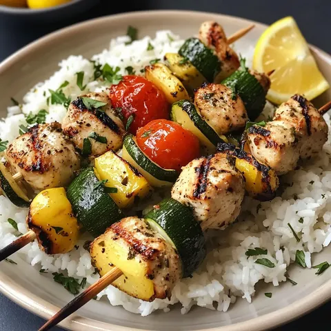Saftige Hähnchen-Spieße mit Zitronenreis