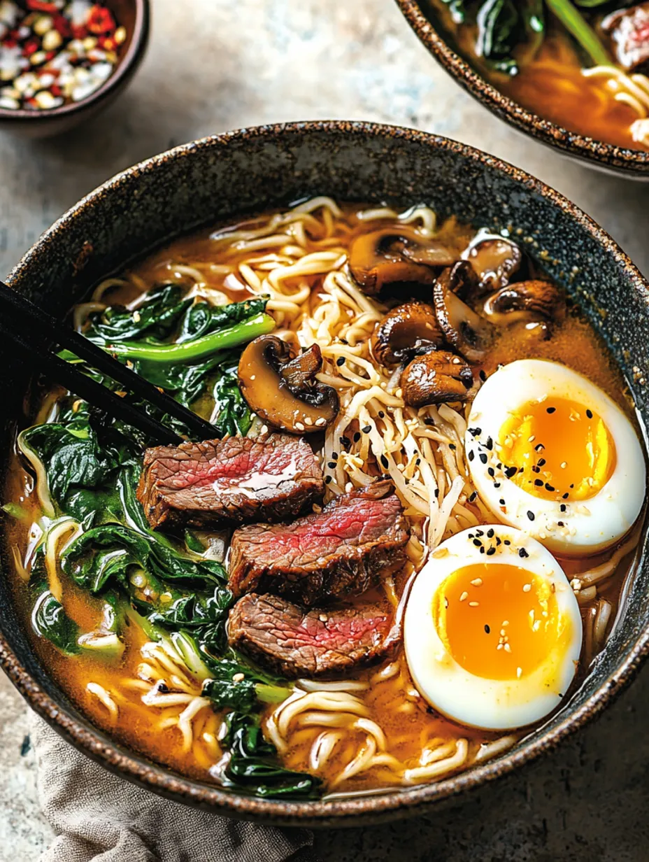 Würzige Ramen-Nudelsuppe mit mariniertem Steak