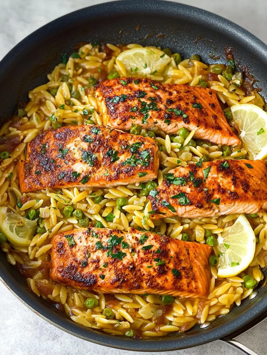 Eine-Pfanne Zitronen-Orzo und Lachs
