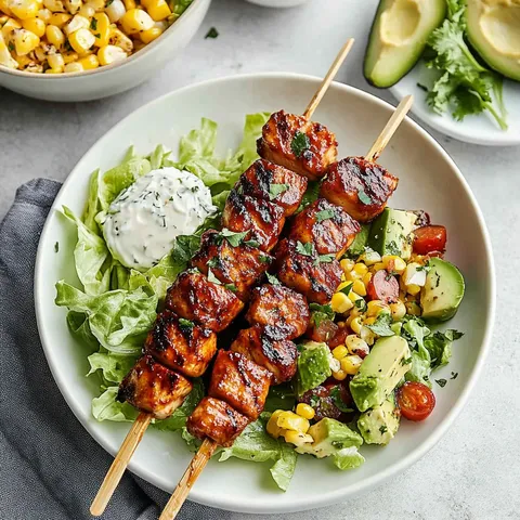 Gegrillte Hähnchenspieße auf frischem Salat