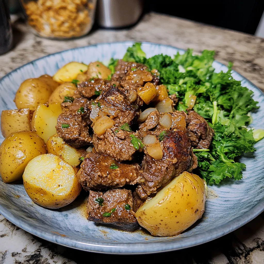 Schongarer Steakstücke mit Knoblauchbutter und Kartoffeln