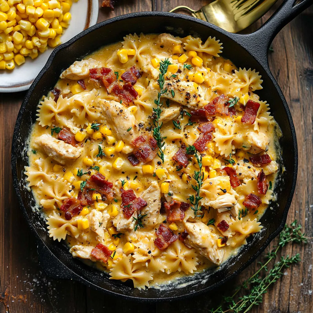 Cremige Pasta mit Hähnchen, Mais und Speck