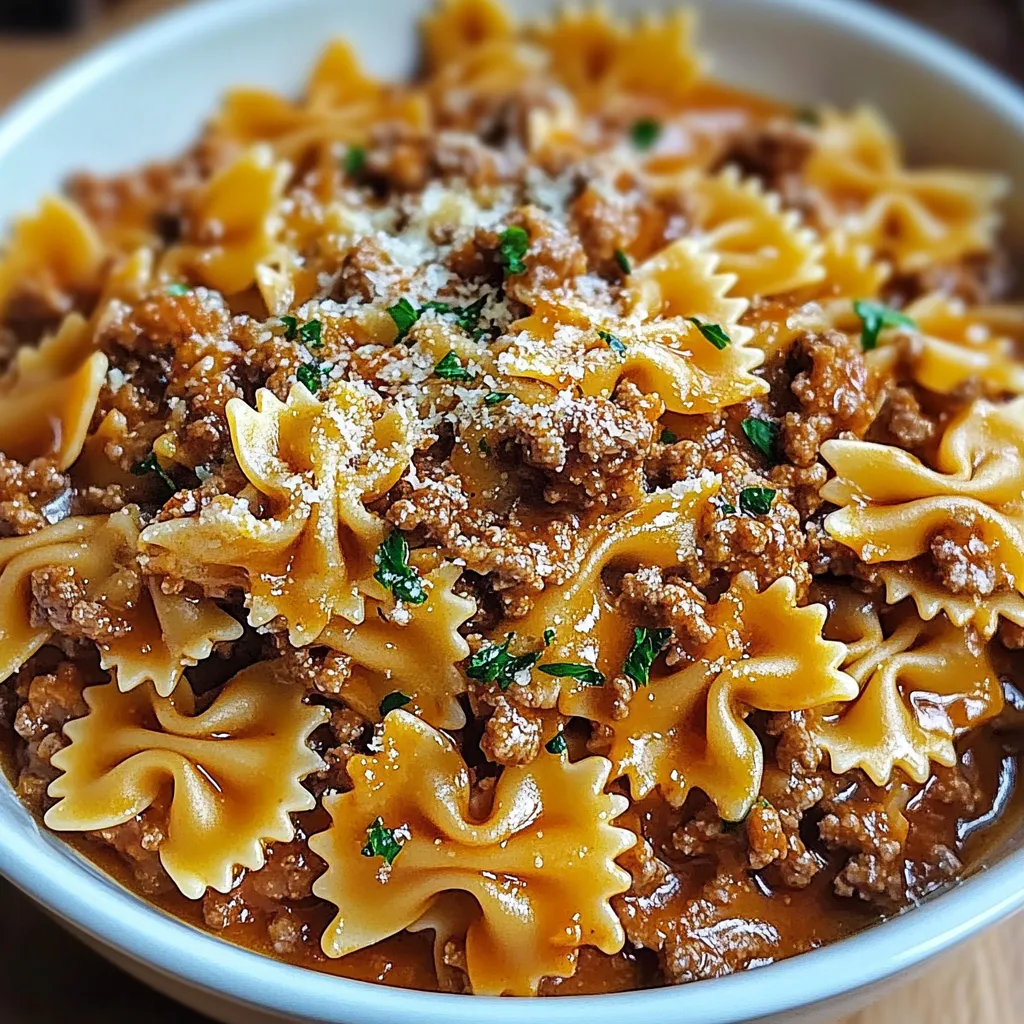 Käsige Rinderhackfleisch-Schleifennudeln in Knoblauchbutter