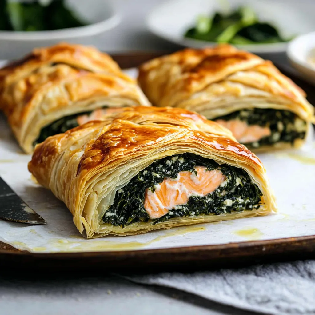 Lachs in Blätterteig mit cremigem Spinat