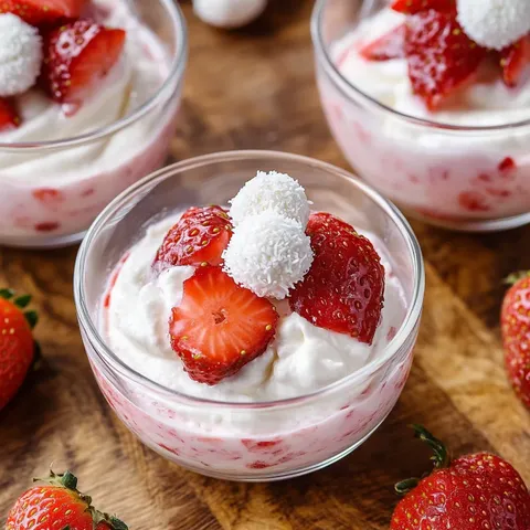 Fruchtig cremiges Dessert mit Erdbeeren und Raffaello