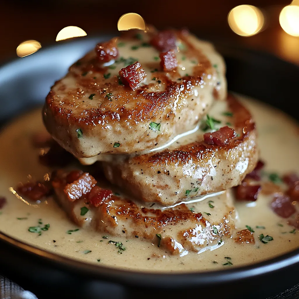 Nahaufnahme knusprige Schweinekoteletts mit Bacon-Soße