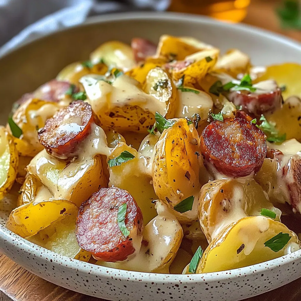 Nahaufnahme käsige Ranch-Kartoffeln mit geräucherter Wurst