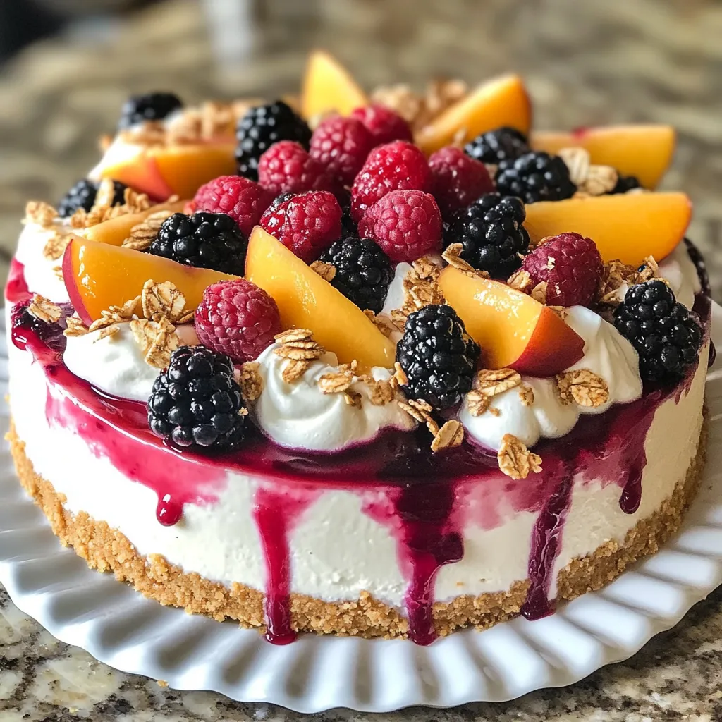 Nahaufnahme Sommer-Käsekuchen mit Beeren und Pfirsich