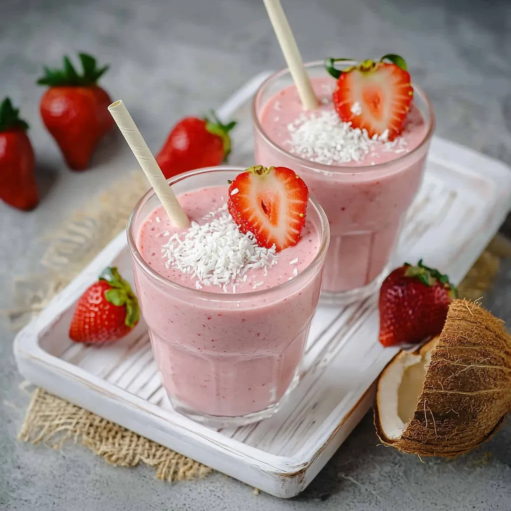 Frischer Erdbeer Smoothie mit Banane und Kokosmilch