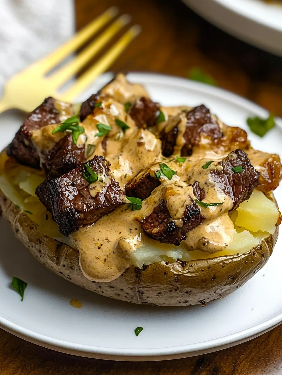 Ofenkartoffel mit Knoblauchbutter-Steakstücken