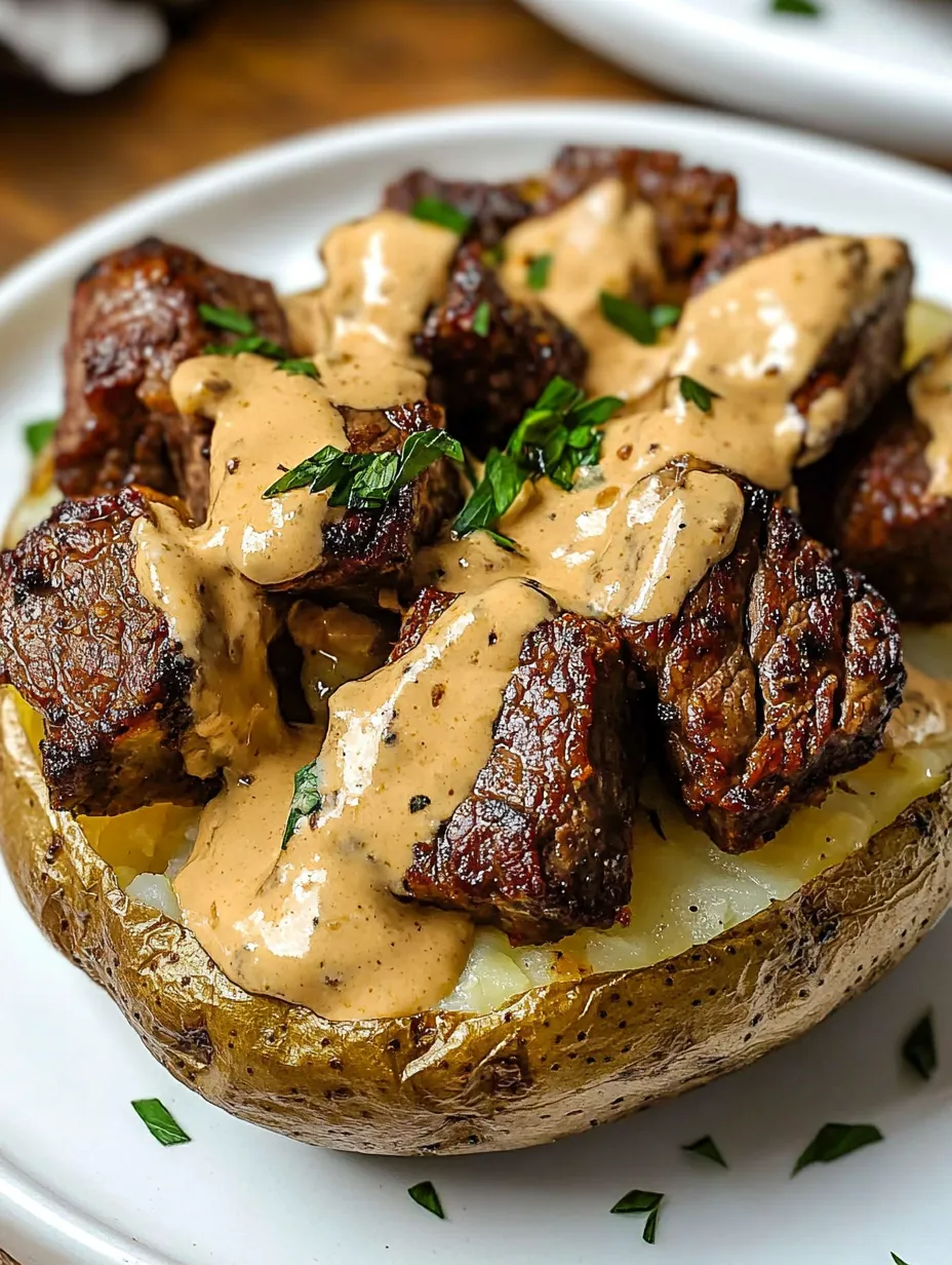 Ofenkartoffel mit Knoblauchbutter-Steakstücke Gericht