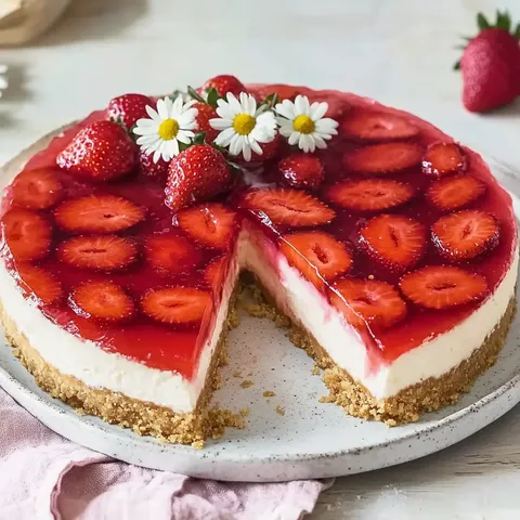 Frische Erdbeeren auf einem cremigen Kuchenboden mit Pudding.