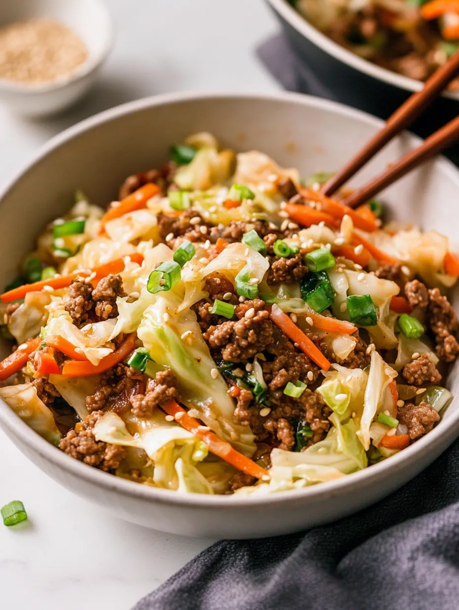 Asiatisches Hackfleisch mit Kohl aus der Pfanne