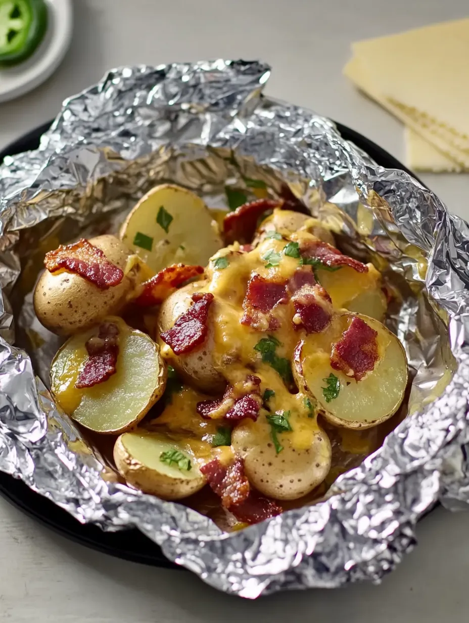 Einfache käsige Speck-Ranch-Kartoffel Folienpakete