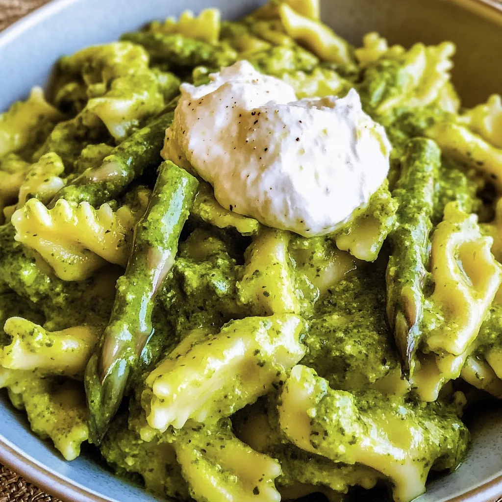 Bärlauchpesto-Pasta mit grünem Spargel und Burrata