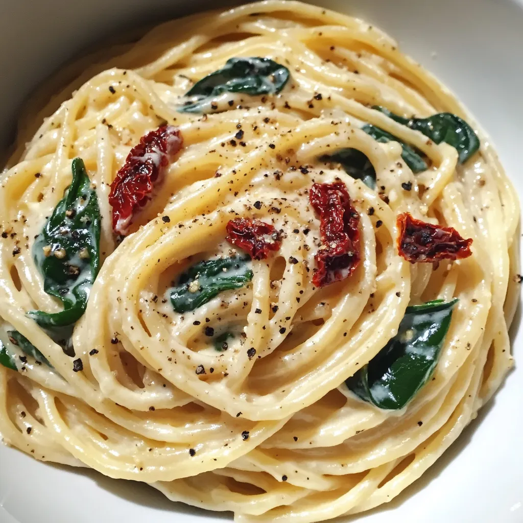 Spaghetti & Spinat mit getrockneten Tomaten in Sahnesauce