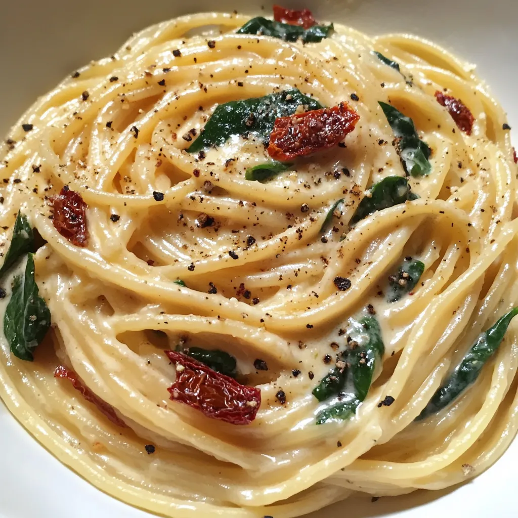 Einfache Spaghetti & Spinat mit getrockneten Tomaten in Sahnesauce
