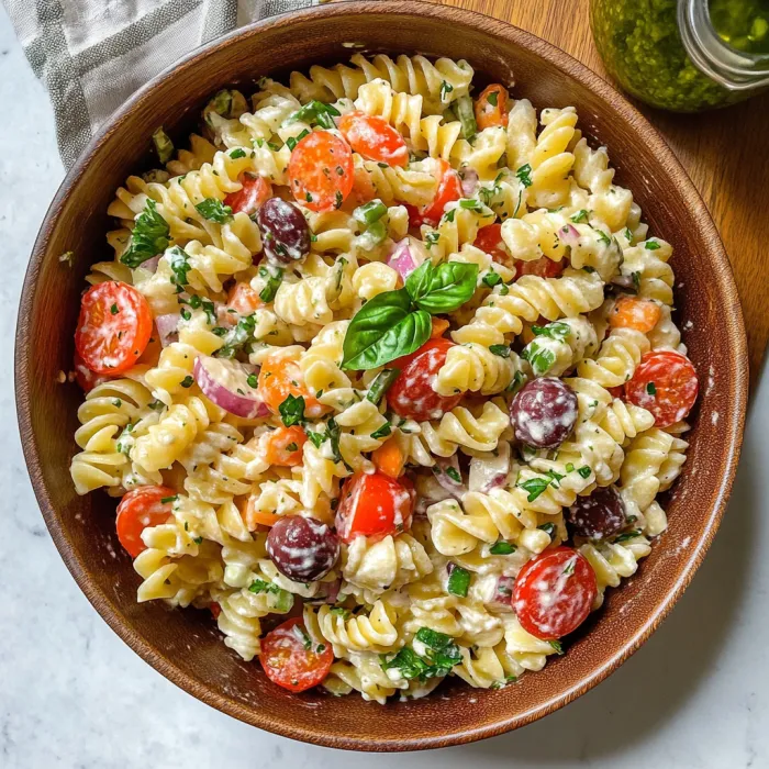 Fusilli-Salat mit frischem Gemüse und Kichererbsen
