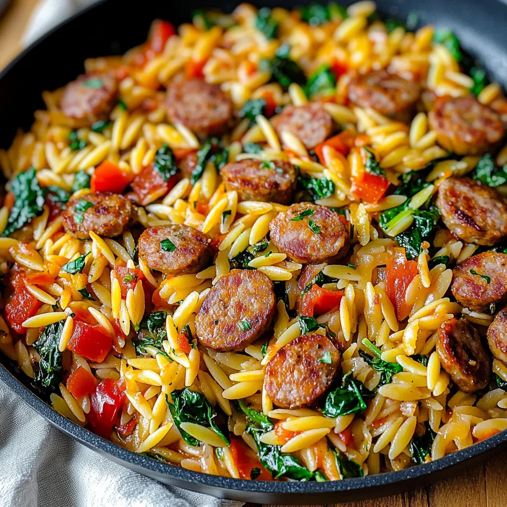 Einpfannen-Gericht mit italienischer Wurst und Orzo-Nudeln