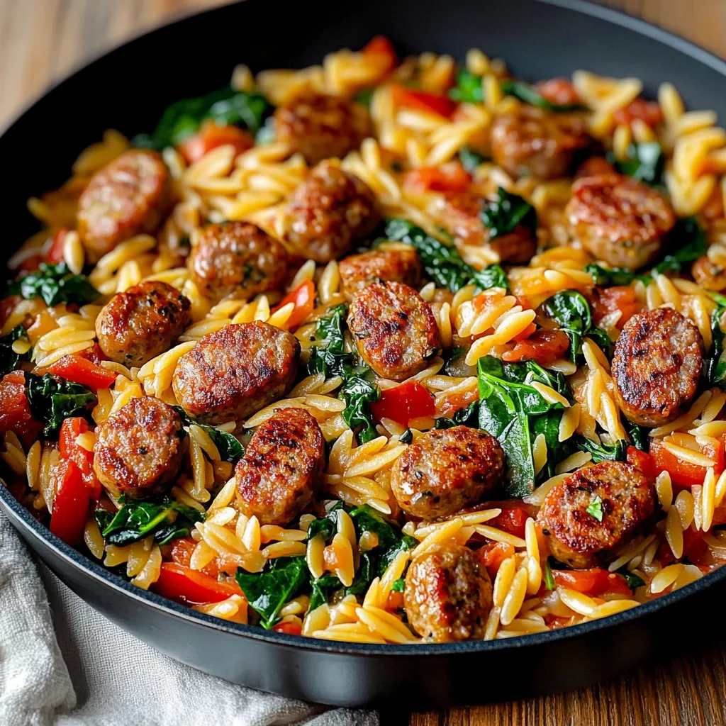 Nahaufnahme Einpfannen-Gericht mit italienischer Wurst und Orzo-Nudeln