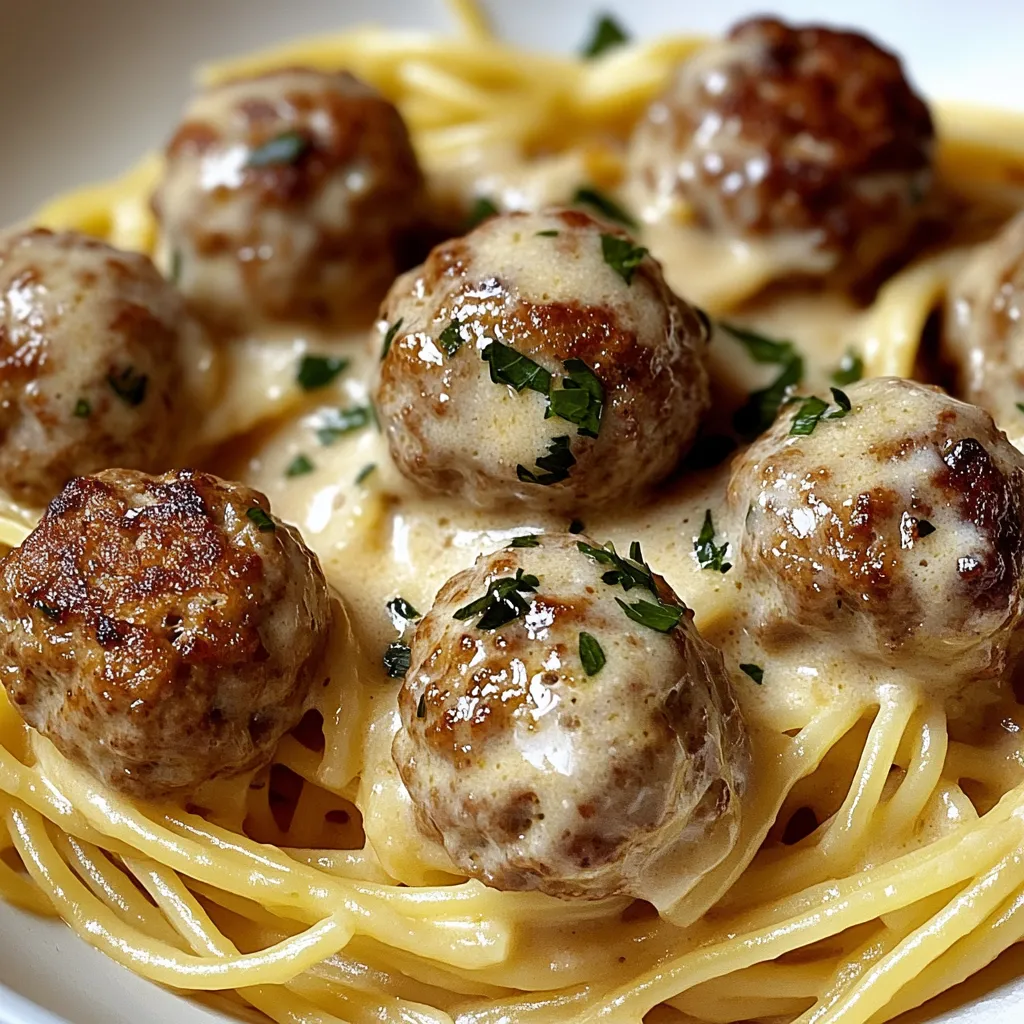 Knoblauchbutter-Fleischbällchen serviert mit cremigen Parmesan-Linguine