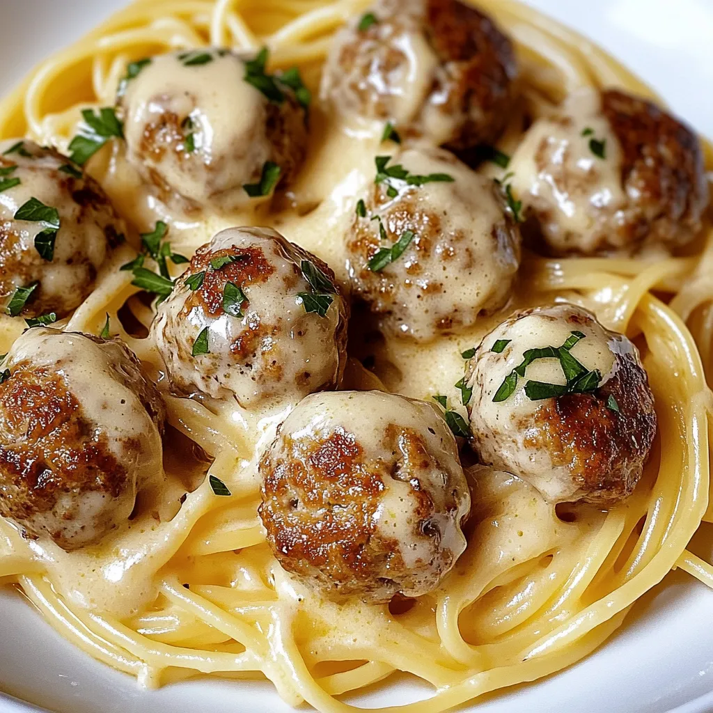 Einfache Knoblauchbutter-Fleischbällchen serviert mit cremigen Parmesan-Linguine