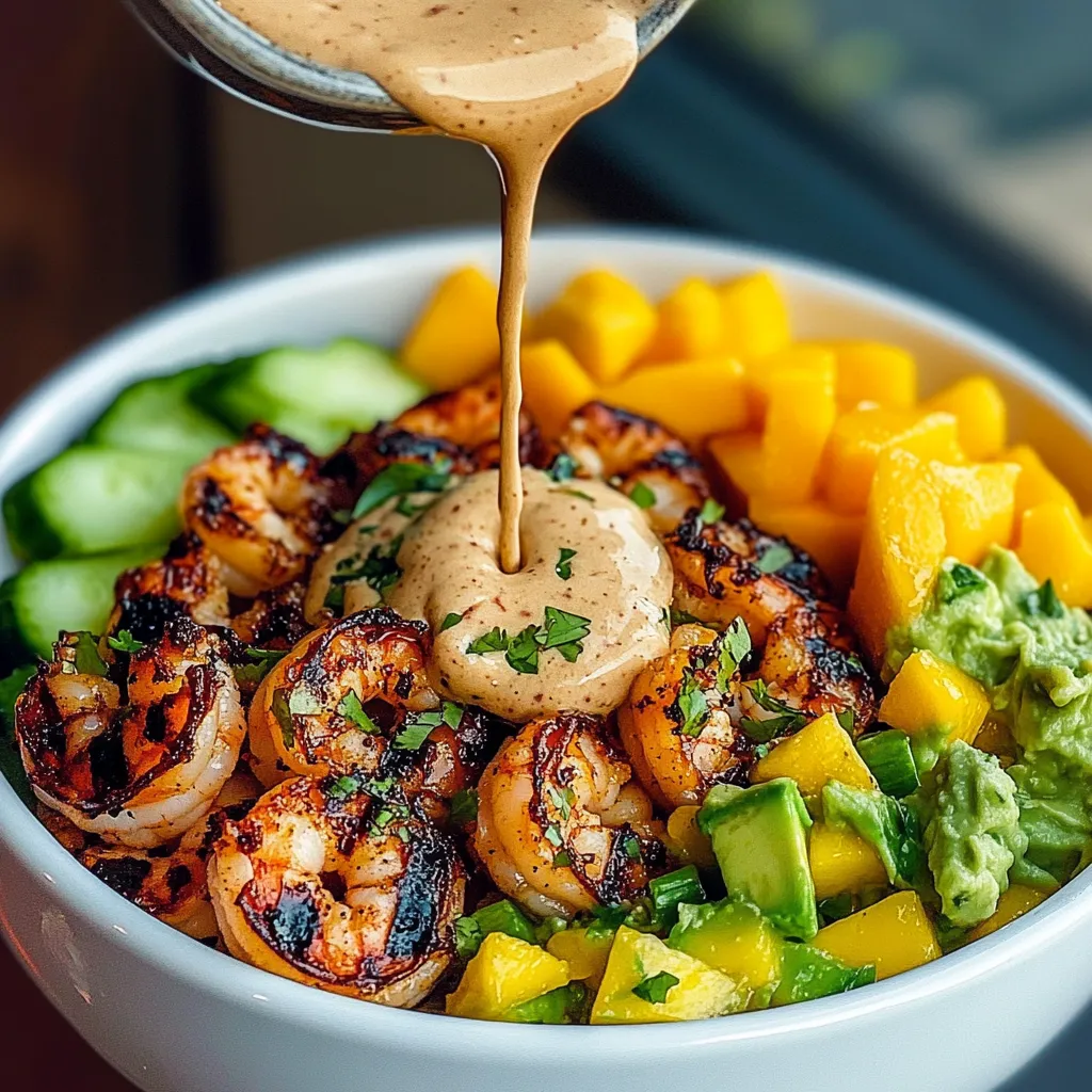Einfache Garnelen-Avocado-Schüsseln mit Mangosalsa & Limetten-Chili-Soße