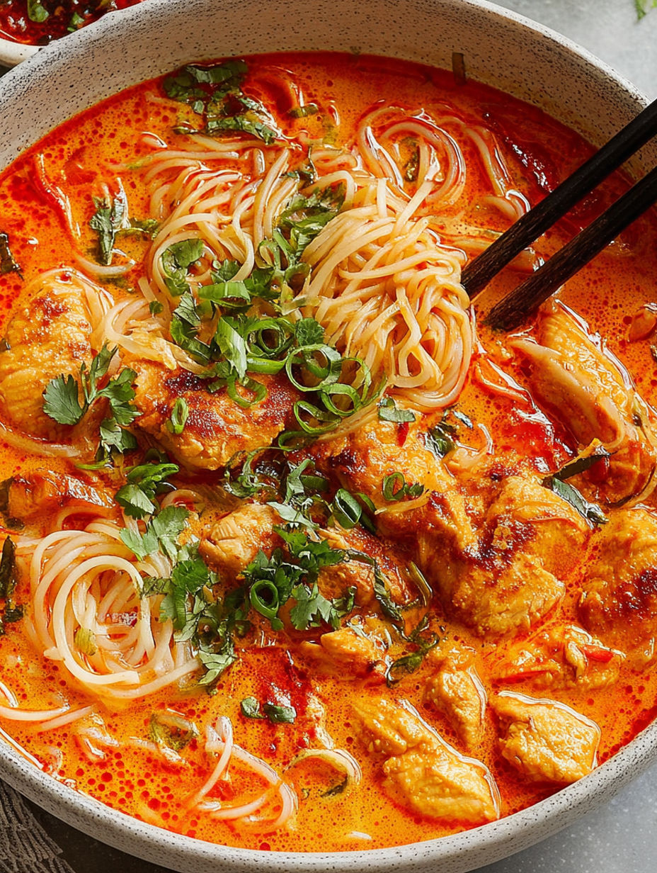 Eine Schüssel mit Suppe, Nudeln und Gemüse.