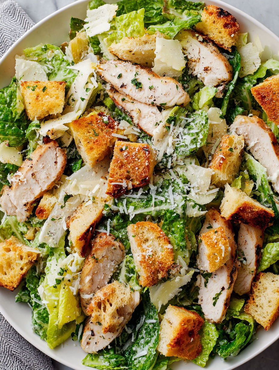 Ein Teller mit Hähnchen Caesar Salad und selbstgemachten Croutons.