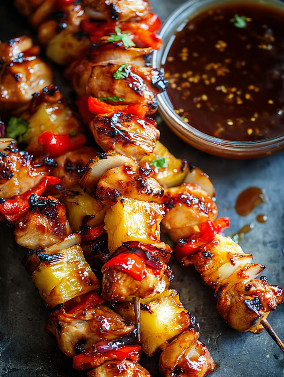 Nahaufnahme von BBQ-Ananas-Hähnchen-Kabobs.