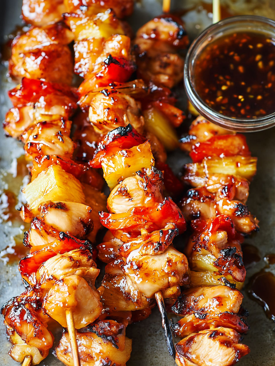 Nahaufnahme von BBQ-Ananas-Hähnchen-Kabobs.