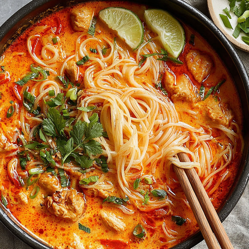 Eine Schüssel Thai Rote Curry Nudelsuppe.