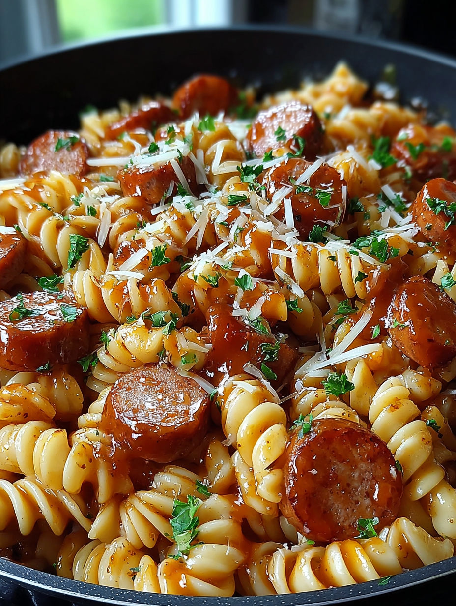 Ein köstliches schnelles Pfannengericht mit würziger Honig-BBQ-Wurst und Pasta.