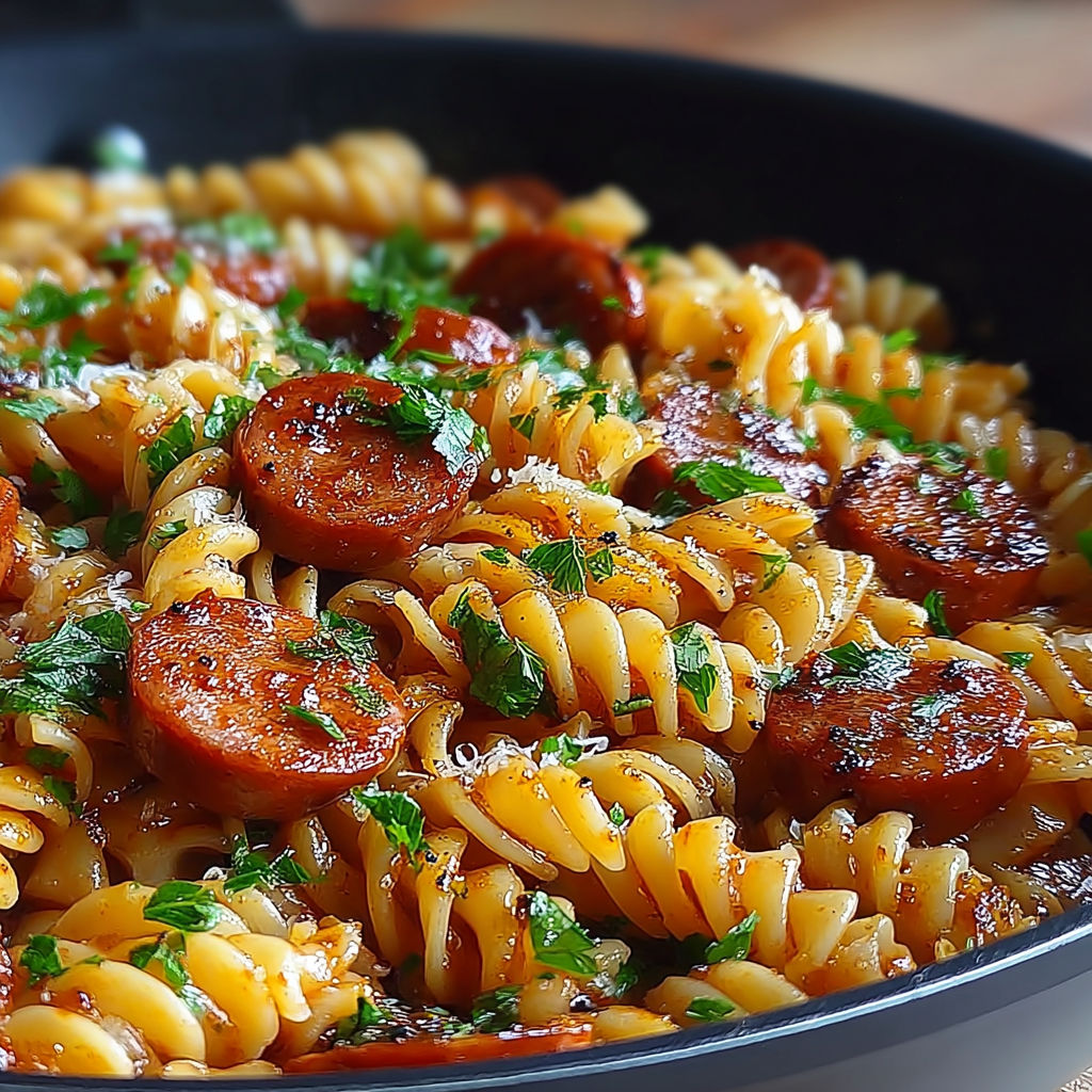 Ein Gericht mit Pasta und Wurst und Honig.