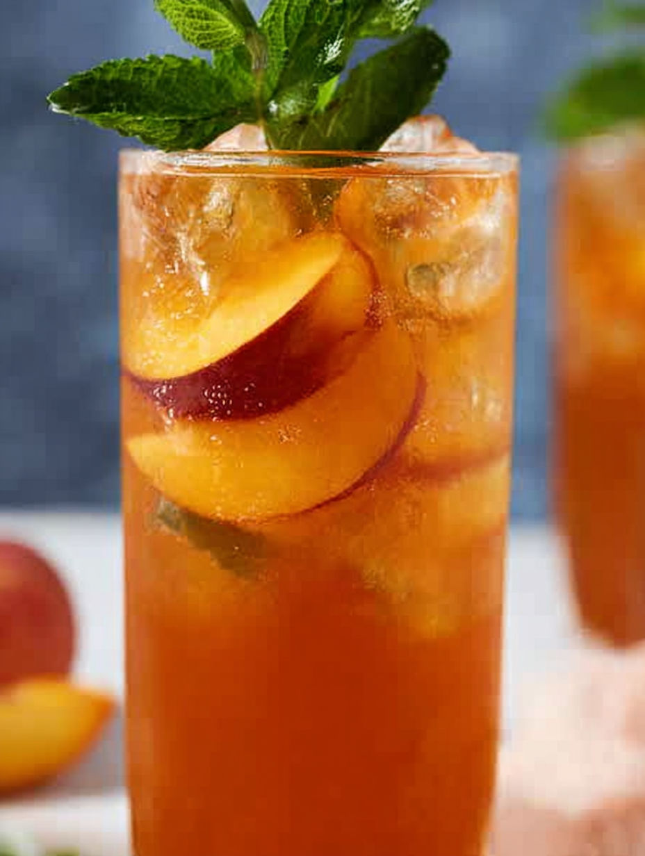 Ein Glas Eistee mit einer Pfirsichscheibe darin.