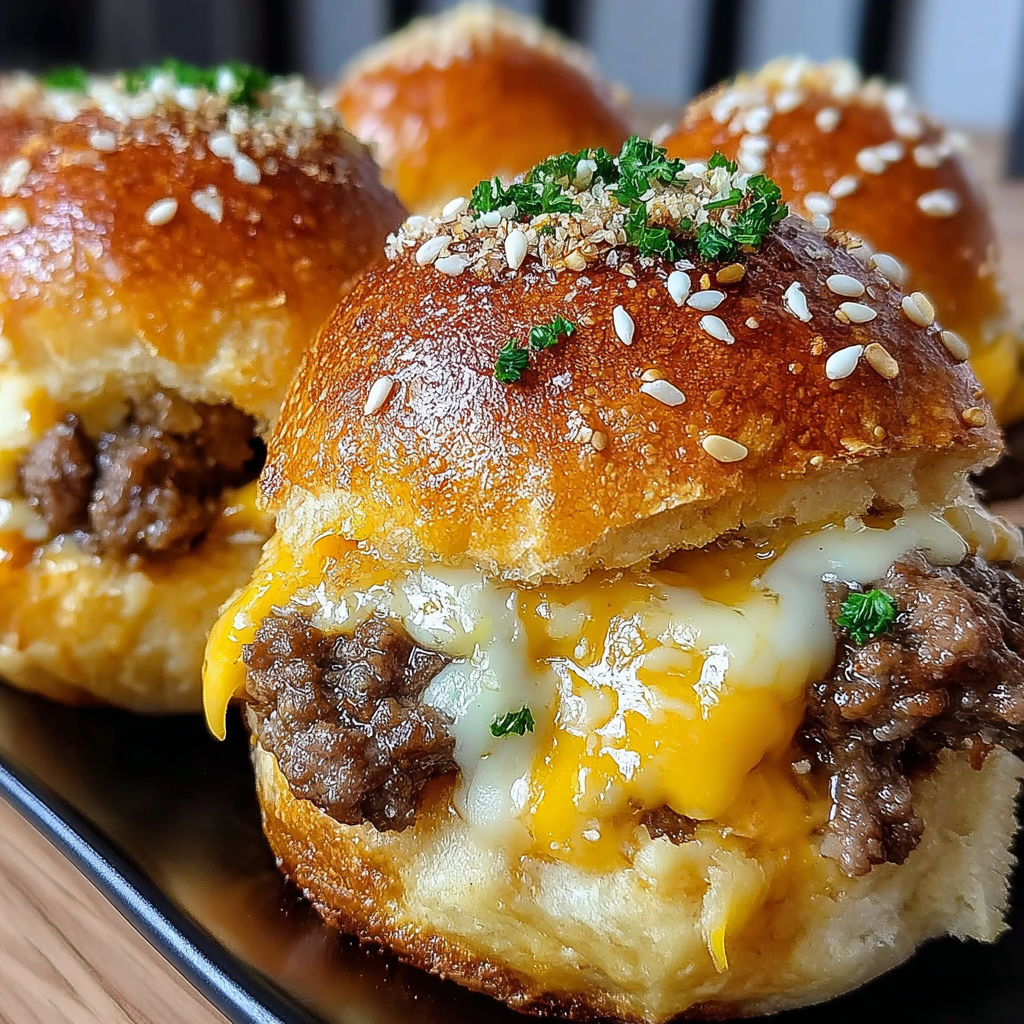 Drei Knoblauch Parmesan Cheeseburger Bomben auf einem Teller.