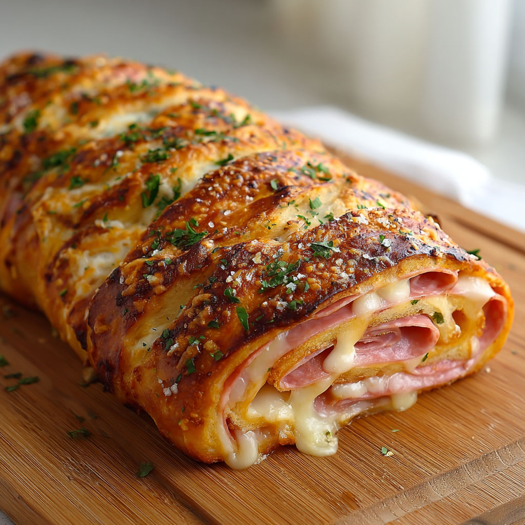 Ein langes italienisches Stromboli mit Käse und Fleisch.
