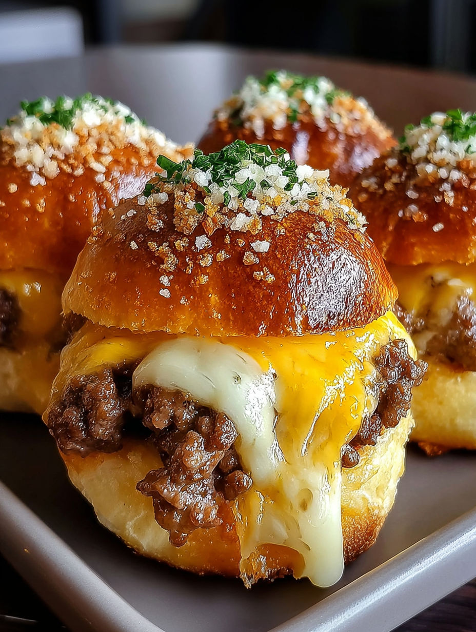 Drei Knoblauch Parmesan Cheeseburger Bombs auf einem Teller.