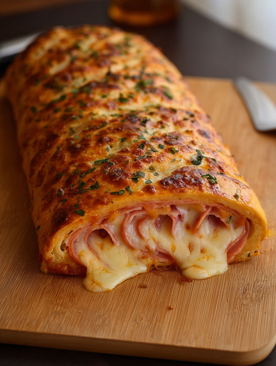 Ein Stück italienischer Stromboli auf einem Schneidebrett.