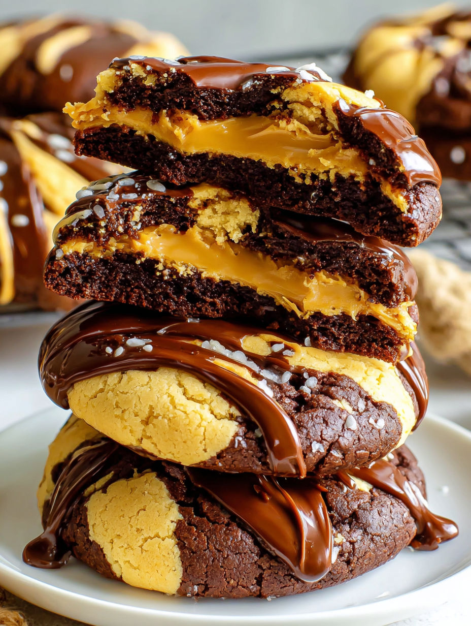 Ein Stapel von marmorierten Brownies mit Erdnussbutter-Wendungen.