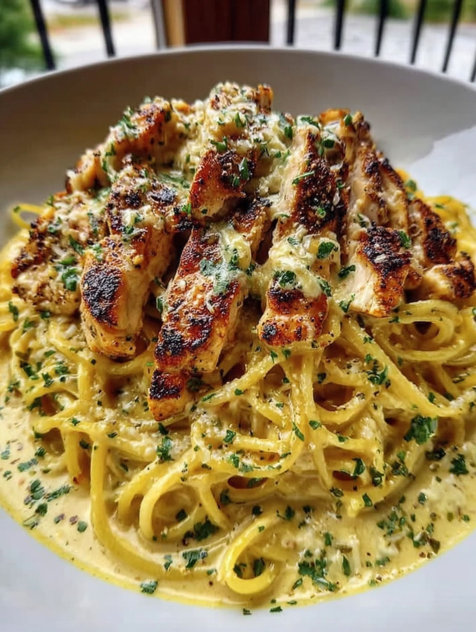 Ein Teller mit Hähnchen und Nudeln.