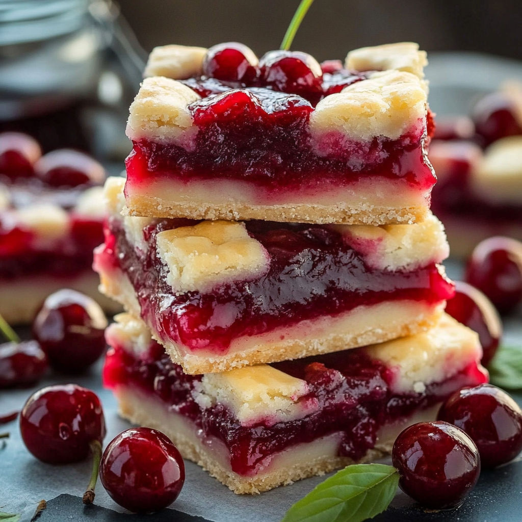 Kirschenkuchen Riegel auf einem Teller gestapelt.
