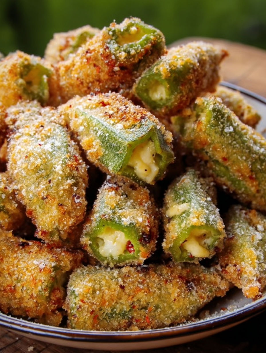 Eine Schüssel mit frittierter Okra, gefüllt mit Pepper Jack Käse.