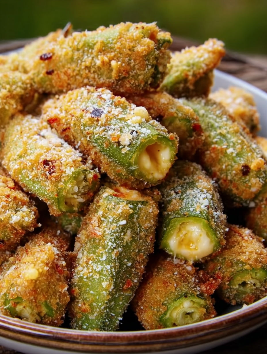 Eine Schüssel mit frittierter Okra, gefüllt mit Pepper Jack Käse.