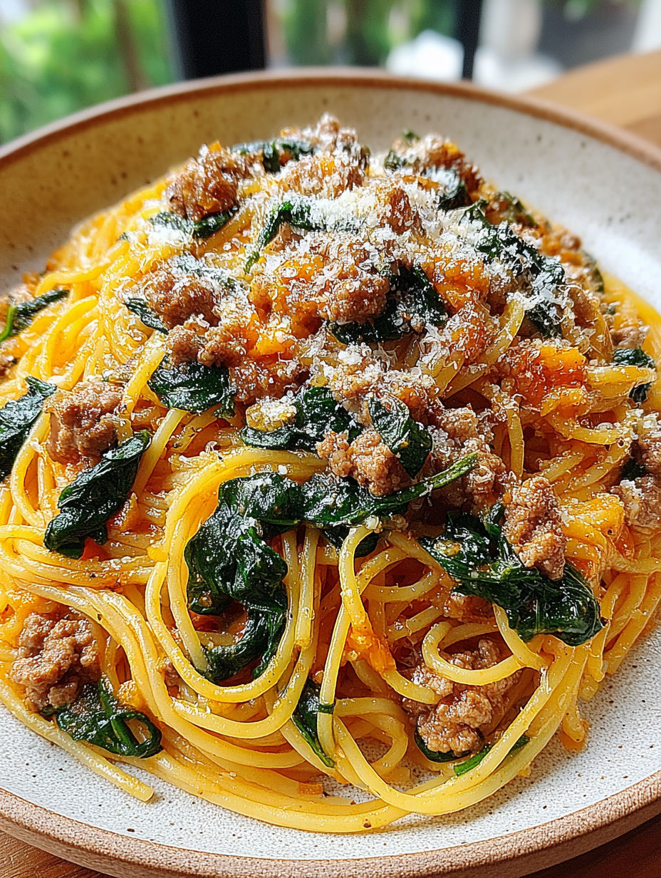 Ein Teller Spaghetti mit Fleisch und Käse obendrauf.