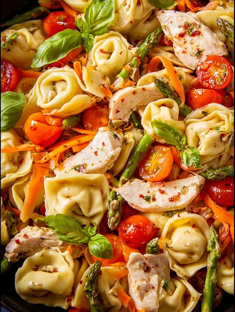 Ein Teller mit Pasta, Fleisch und Gemüse.